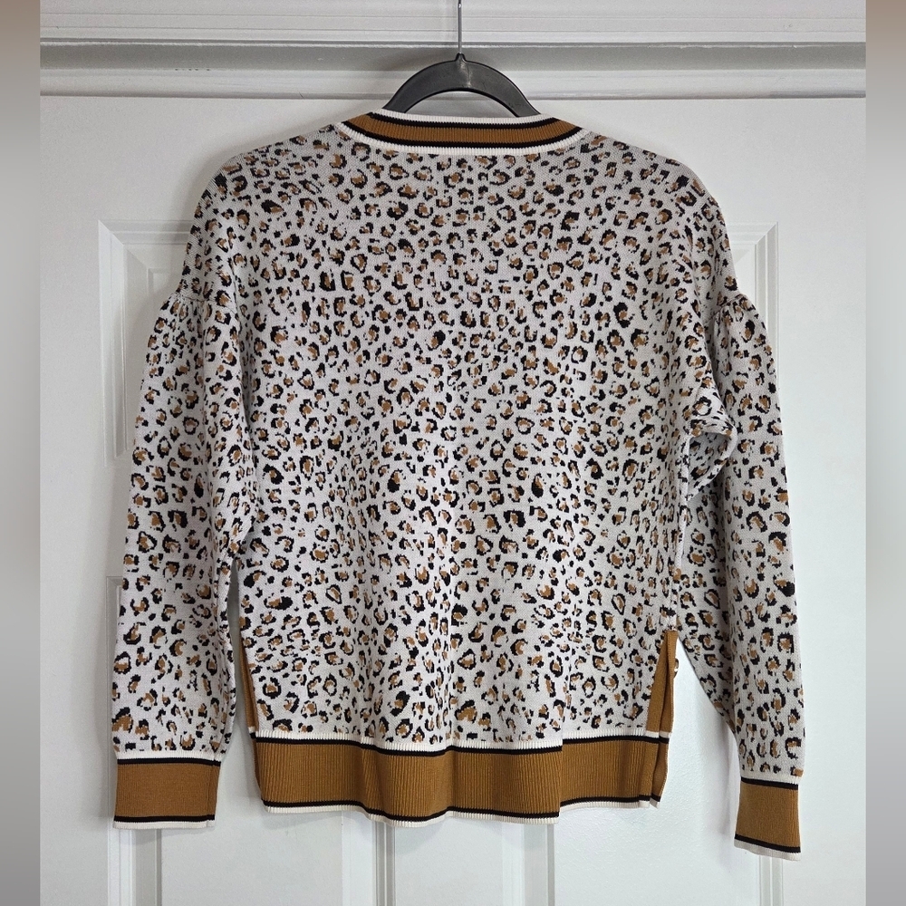 Veronica Beard Ronja Animal Print Varsity Trim V-Neck Sweater - Size M View 3